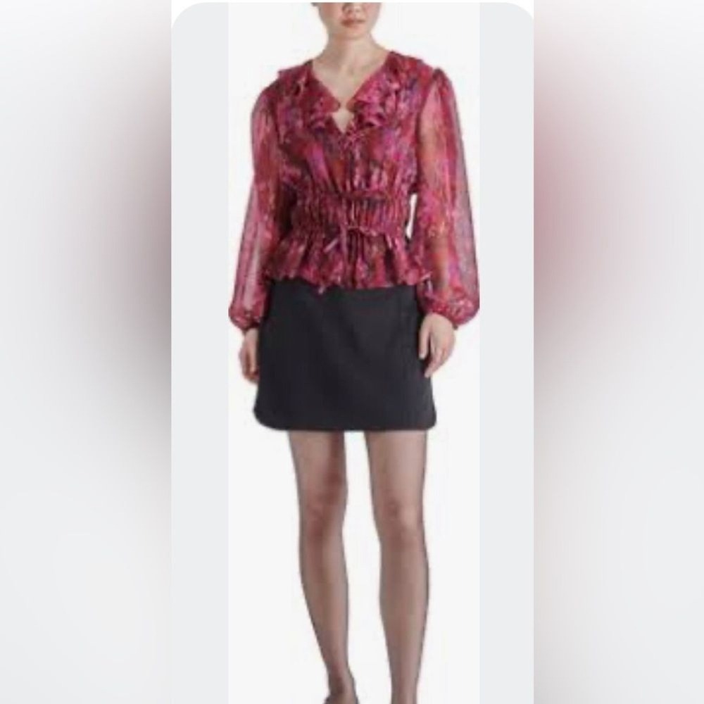 Steve Madden Red Floral Semi Sheer Boho Cottage Career Office Blouse Lar…